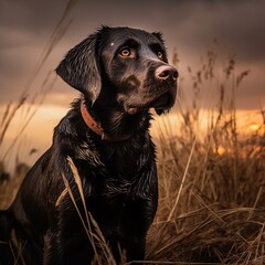 Beautiful dark brown dog in autumn grass in sunset light