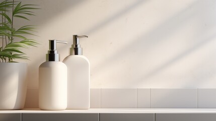 Couple of white bottles, soap dispenser in bathroom. Mock up of blank label of shampoo, lotion, moisturize on white background. Packaging product presentation. Background for cosmetic products