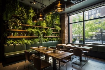 Naklejka premium Interior design with evergreen wall decoration. Stabilized moss, plants. Biophilic design of cafe, salon, barbershop