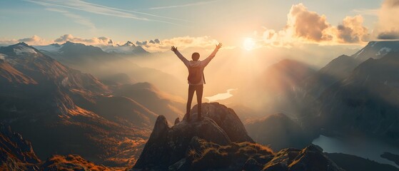 Traveler standing on top of a mountain with hands raised up , mission success and goal achieved,...