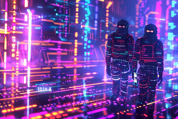 Cybersecurity AI detecting scams, depicted as digital detectives scanning code in a neon-lit cyber world  