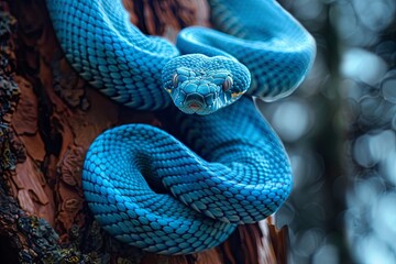 Azure serpent coils on tree branch, a breathtaking sight