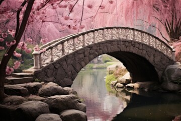 Bridges Over Streams: Arched bridges crossing small streams, adorned with cherry blossoms.
