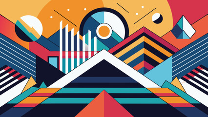 Vibrant Abstract Geometric Landscape with Sun and Mountains