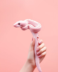 Female hand elegantly holding an artificial pink snake isolated against a soft pink background, fusing realism with art. Minimal creative fashion concept of dangerous woman.