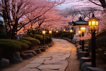 Stone Lanterns Path: A pathway lined with stone lanterns, their soft glow contrasting with the cherry blossoms.