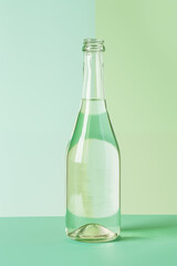 Glass bottle with water isolated on aqua green background. Minimal creative concept of summer hydration, beverages, ecofriendly package, sustainability, zero waste, healthy drink.
