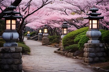Fototapeta premium Stone Lanterns Path: A pathway lined with stone lanterns, their soft glow contrasting with the cherry blossoms.