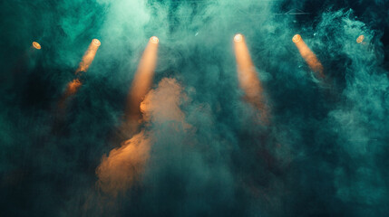 A stage bathed in rich teal smoke under a bright amber spotlight, offering a cool, refreshing atmosphere.