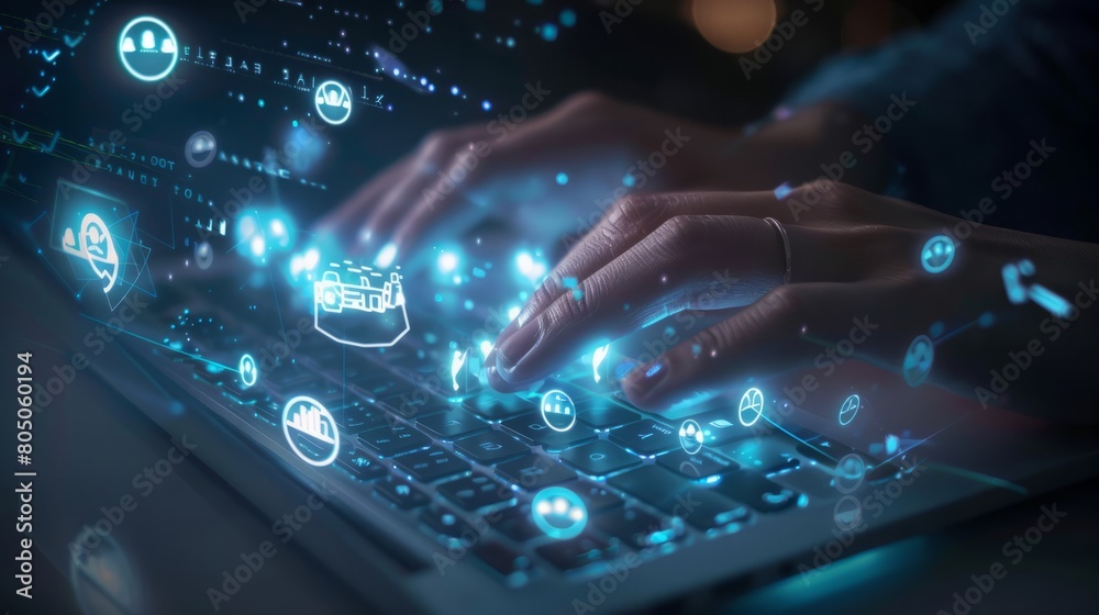 Poster man hands typing in laptop computer, human resourcse icons in glowing circle hyper realistic