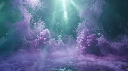 A stage covered in pale violet smoke under a sea green spotlight, offering a soft, magical atmosphere.