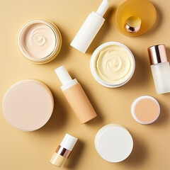 Elegant arrangement of various high-end skincare containers on a soft beige backdrop