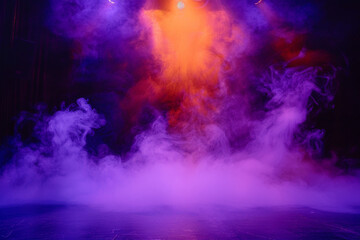 A stage covered in royal purple smoke abstract background under a bright orange spotlight, giving a regal appearance against a dark background.