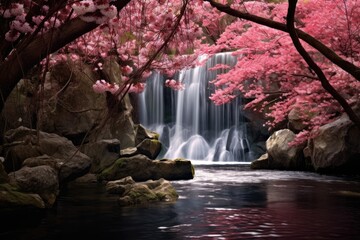 Hidden Waterfall: A hidden waterfall surrounded by cherry trees, creating a soothing soundscape.