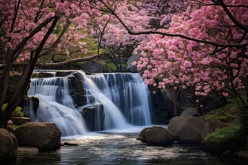 Hidden Waterfall: A hidden waterfall surrounded by cherry trees, creating a soothing soundscape.