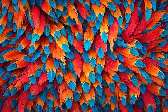 A colorful feathery pattern with red, blue, and yellow feathers