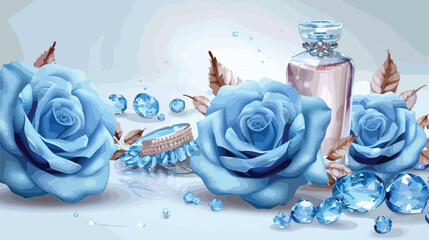 Beautiful blue roses perfume and jewelry on light background