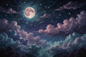 A beautiful night sky with a large moon and many stars