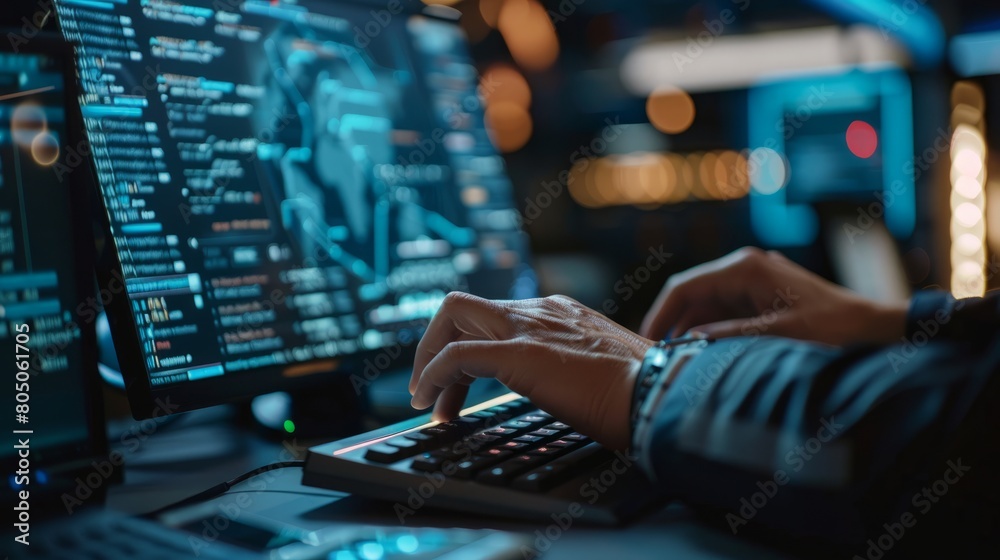 Poster network engineer patching vulnerabilities in the software, with a close-up on their hands typing com