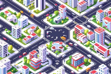 Flat isometric city road model vector. 3d building. Flat isometric megalopolis blocks infographics with roads and crossroads vector illustration. 3d isometry modern city buildings