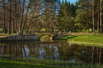 View of the bridge on the Swan Ponds in the Catherine Park of Tsarskoye Selo on a sunny spring day,...
