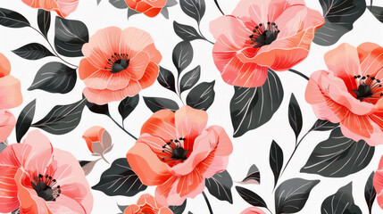 Contemporary floral pattern design with stylized flowers and leaves, perfect for modern digital backgrounds and wallpapers.