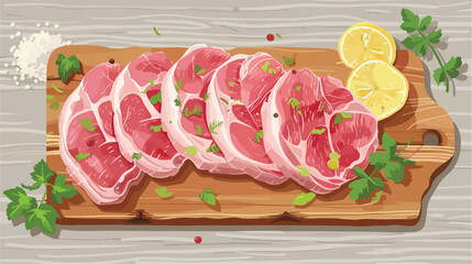 Board with fresh pork tenderloin on grey table Vector