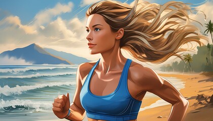 A woman wearing a blue top running on the beach