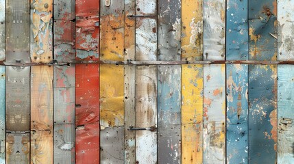   Close-up photo of multicolored wood wall with rusted steel bars and rivets
