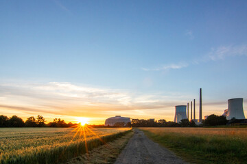 The morning in a wheat field in the background a coal-fired power station at sunrise. Landscape...