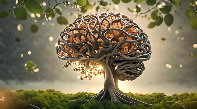 Abstract tree with roots resembling human brain, tall and lush with green leaves,symbolizing the interconnectedness of the human mind with nature and the wisdom of the natural world