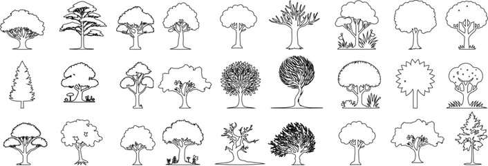 Tree illustration, trees line art vector set, Captivating, creative, nature inspired tree line illustrations perfect for projects. Botanical, woodland, flora, sketching themes dominate