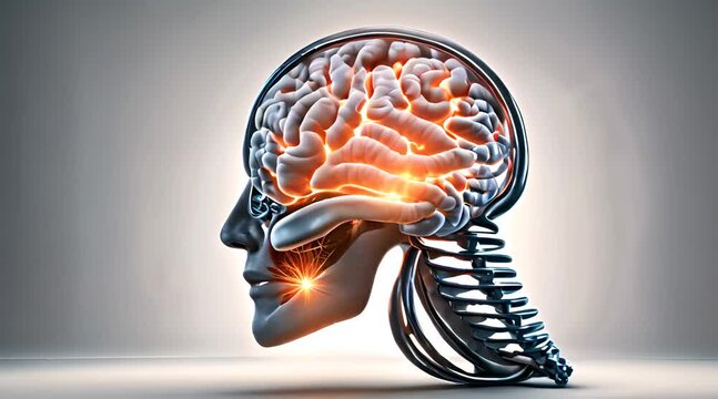 Glowing human brain inside skull, perfect for anatomical studies illustrations