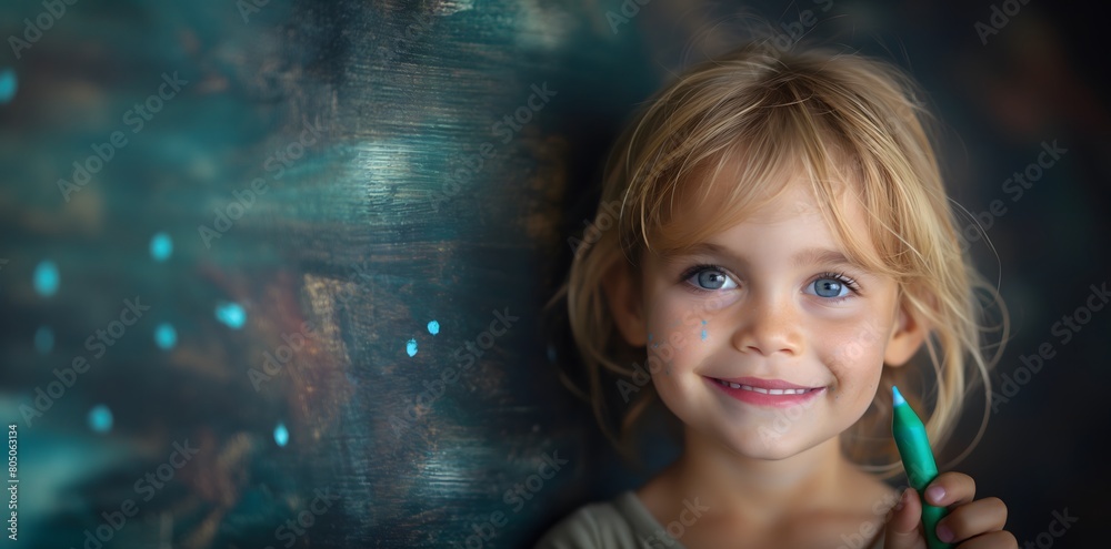 Wall mural close up of happy child holding marker, child is smiling, child has blonde hair, child's face covere