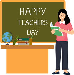 portrait female teacher standing hold book on front a blackboard or poster greeting happy teachers day