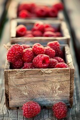 Fresh red raspberries in wooden crates under soft light for food promotion in rustic warehouse
