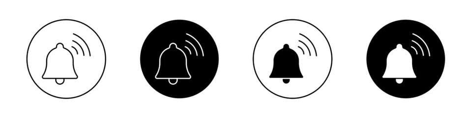 Bell ring icon set. alarm notification bell vector symbol. doorbell pictogram. phone warning notify sign in black filled and outlined style.