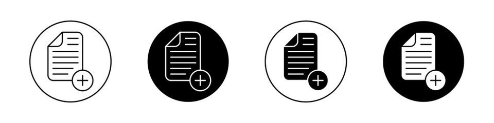 Add document icon set. add new file or page vector symbol in black filled and outlined style.
