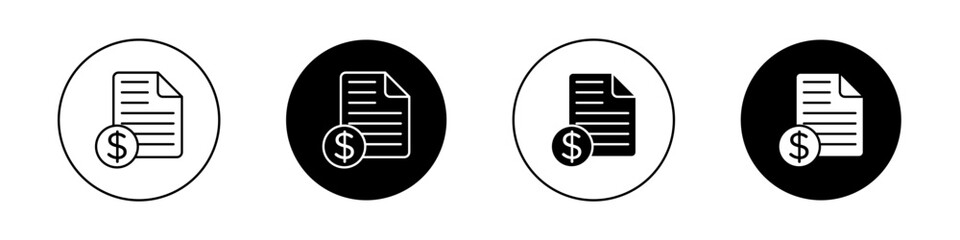 Invoice icon set. pay tax receipt vector symbol. order total bill paper pictogram. payroll document sign. digital reciept icon in black filled and outlined style.