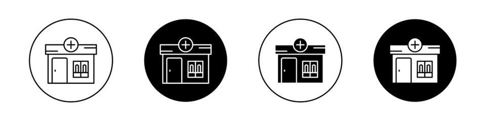 Pharmacy icon set. drugstore vector symbol. pharmacy shop building sign. medical store icon in black filled and outlined style.
