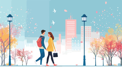 Beautiful loving couple walking in city on spring day