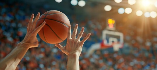 Fototapeta premium Intense focus basketball player reaching for rebound in summer olympics, displaying determination