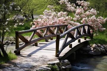 Wooden Footbridge: A charming wooden footbridge crossing a small creek, adorned with blossoms.