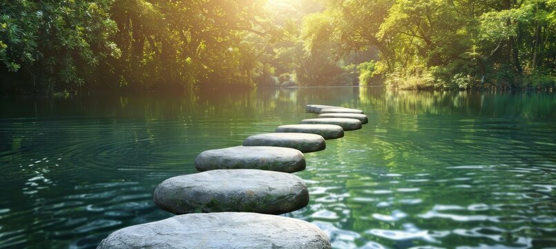 Tranquil lake with stones aligned by shore, distant mountain silhouette in serene backdrop