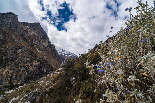panormaic view of laguna paron in the snow-covered andes in the Huascar&aacute;n national park in peru