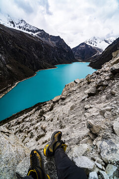 panormaic view of laguna paron in the snow-covered andes in the Huascar&aacute;n national park in peru