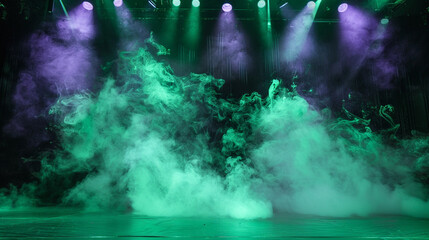 A stage with billowing pale green smoke illuminated by a dark violet spotlight, providing a fresh, mystical look.