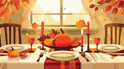 Beautiful table Fourting with autumn decor Vector style