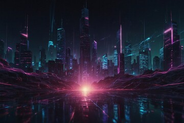 Obraz premium A cityscape with neon lights and a glowing light in the middle