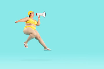 Funny fat plump obese chubby young woman in beautiful yellow bikini, sun hat, and flip flops...